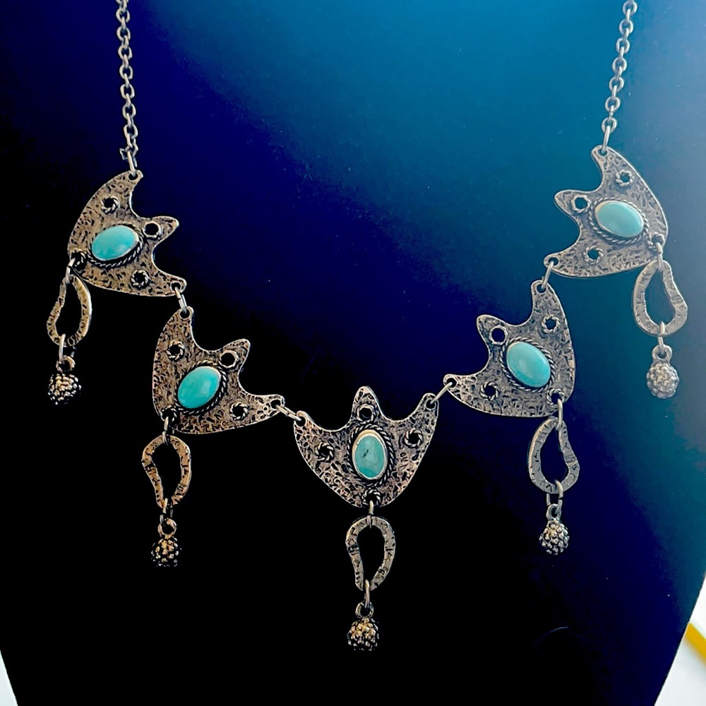 Modernist pewter and faux turquoise necklace.